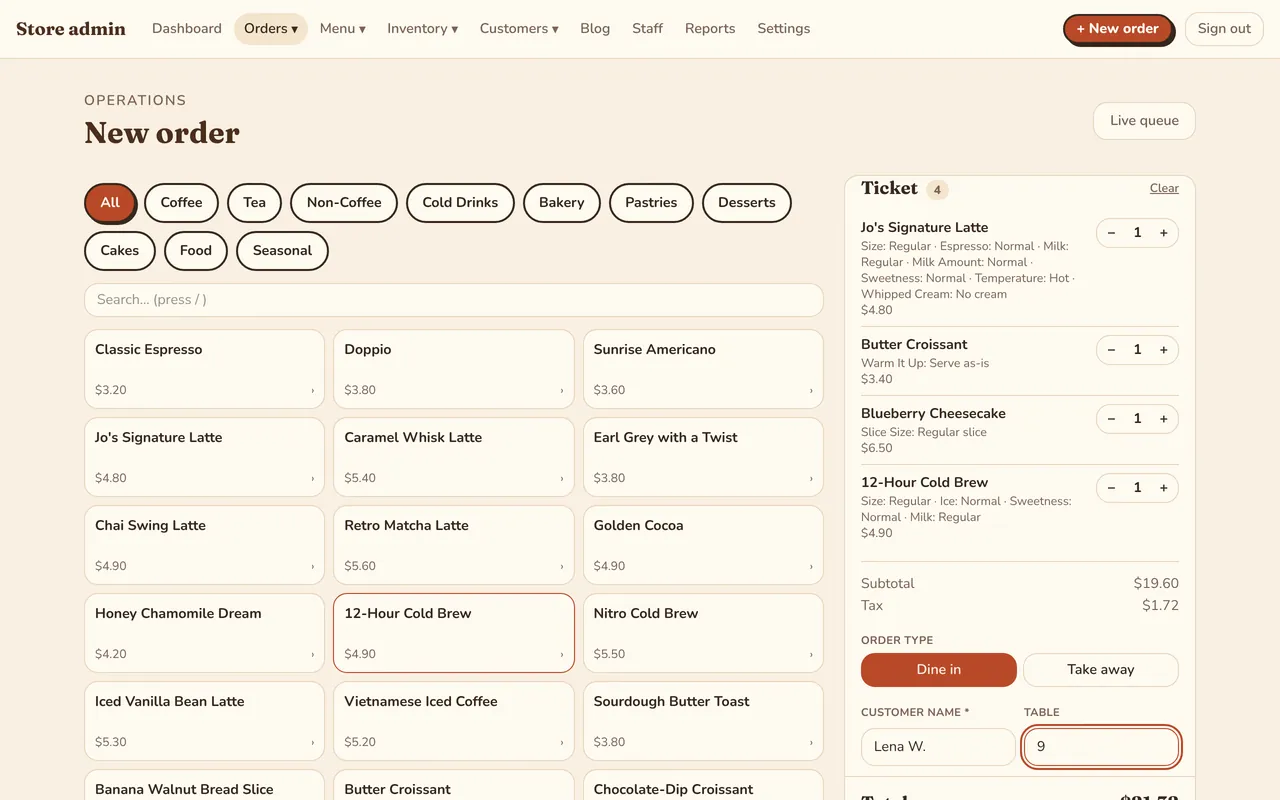 The new order screen with a four-item ticket for table 9