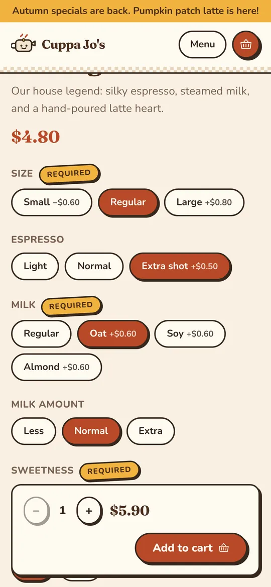 A latte being customised with oat milk and an extra shot