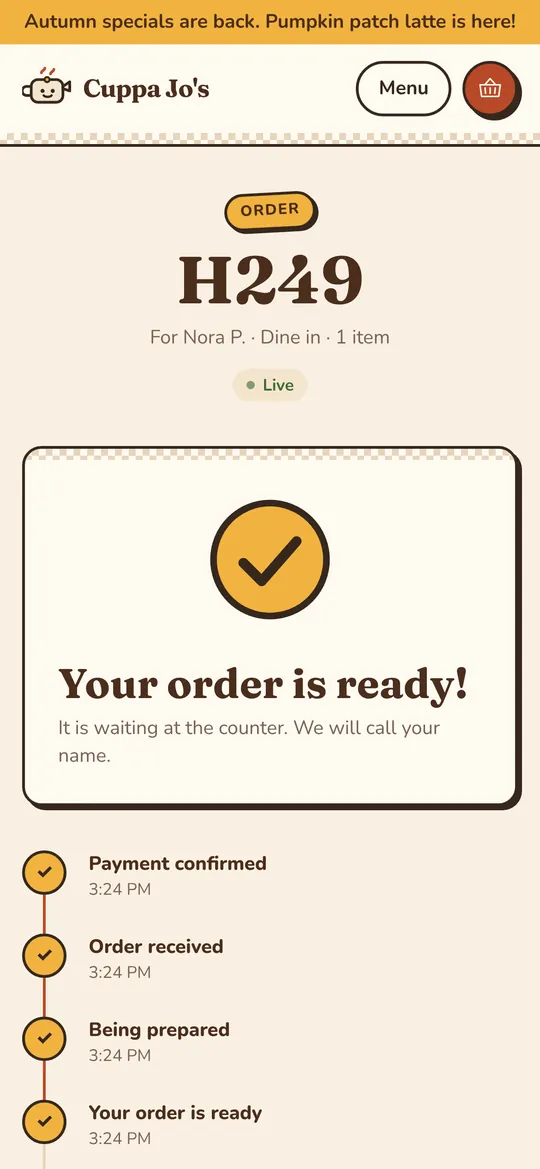 The order page saying “Your order is ready!”