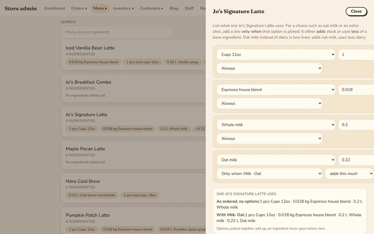 Editing the recipe of a latte: oat milk is used only when the guest picks oat