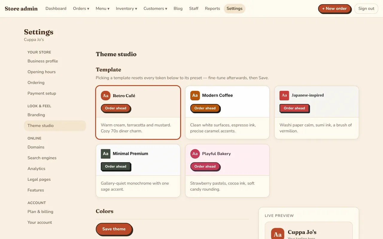 The theme studio with five templates and a live preview