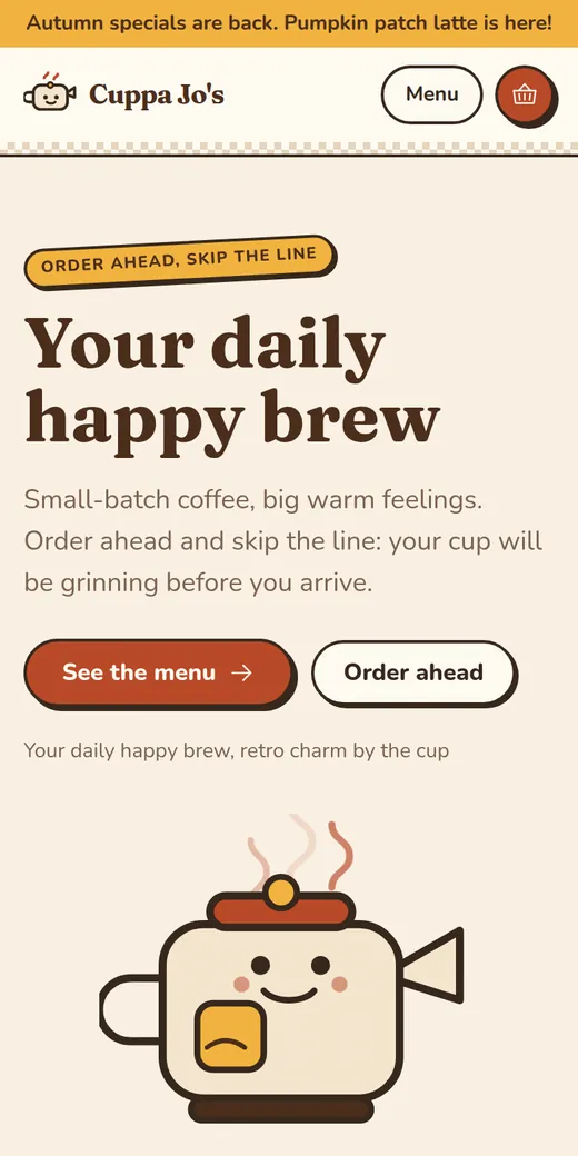 The home page of the demo café on a phone
