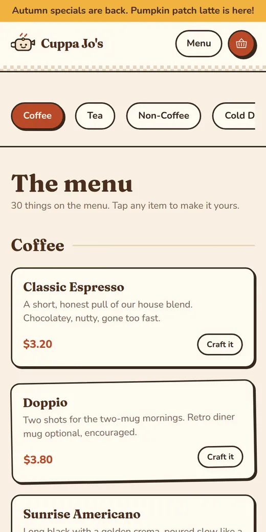 The demo café's menu with prices